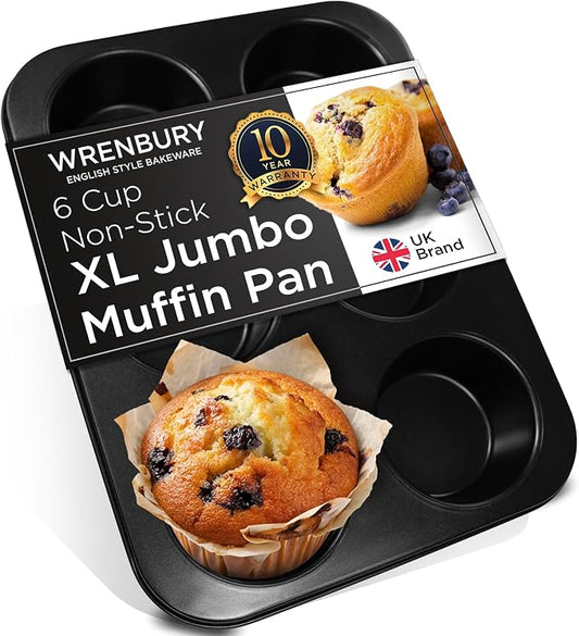 Wrenbury Jumbo Muffin Pan 4" Cup - Nonstick XL Deep Muffin Pan for Baking | 6 Cup - Oversized Extra Large Cupcake Mold - Dishwasher Safe - PTFE Free - 446°F Oven Safe by Wrenbury