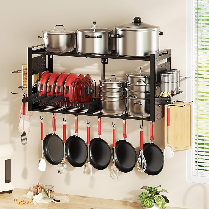 31 Inch Pot Rack Wall Mounted，3 in 1 Pots and Pans Organizer with 2 tier Kitchen Racks & Pot Lid Organizer Holder and 20 Hooks,Heavy Duty Hanging Pot Hanger for Kitchen Cookware, Utensils, Black - Image 3