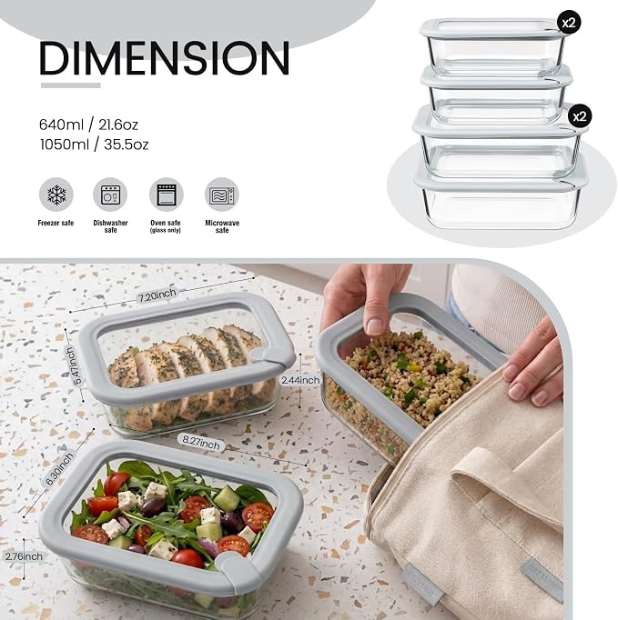 Taree Glass Food Storage Containers with Glass Silicone Lids,22/35oz,Grey | Meal prep,office lunches&eftover storage,borosilicate glass,microwave safe reheating with steam vent,BPA free,dishwasher safe - Image 2