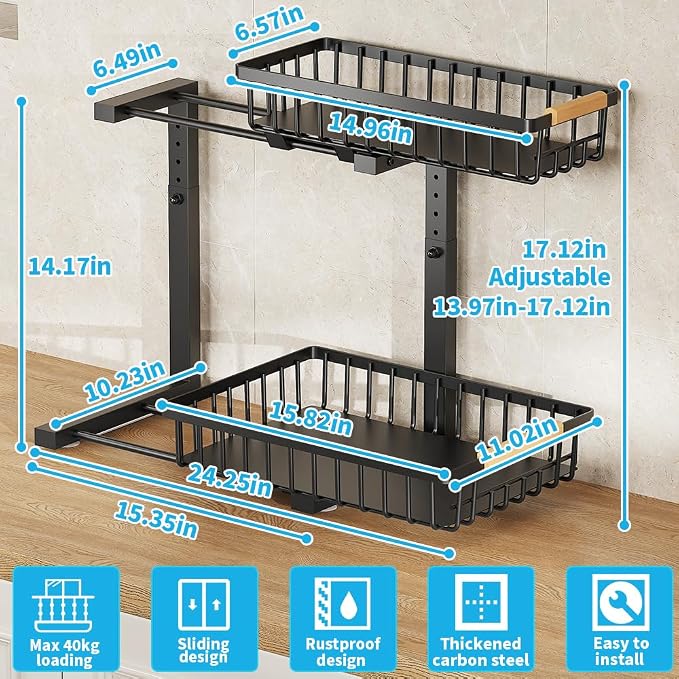 Under Sink Organizer, 2 Tier Metal Under Sink Organizers and Storage, 2 Pack Height Adjustable Slide out Pull out Cabinet Organizer Shelf for Kitchen Bathroom Pantry Cabinet - Image 2
