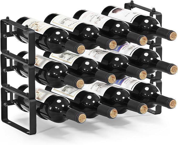Stackable Countertop Wine Rack, 12 Wine Bottles Holder for Inside Cabinet | ICOHOT Small Tabletop Wine Holder Stand for Pantry Bar, 3-Tier Angle Adjustable Wine Bottle Rack for Tight Spaces by ICOHOT