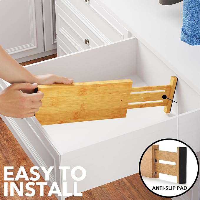 SpaceAid Bamboo 4 Pack Dresser Drawer Dividers, 4.65“ High Adjustable 12.5“-17” Drawer Organizers, Expandable Organization for Clothing, Clothes, Dressers, Natural - Image 6