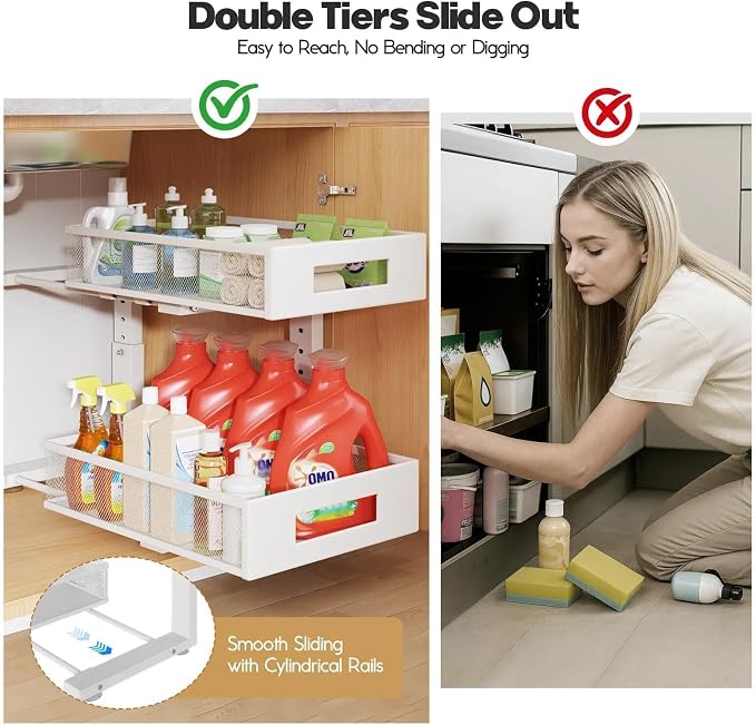 Under Sink Organizer, 2-Tier Dual Pull Out Cabinet Organizer Drawers With Smooth Circular Rail, Large Capacity Metal Mesh Sliding Shelves For Bathroom& Kitchen Storage,Height Adjustable–White,2 Packs - Image 4