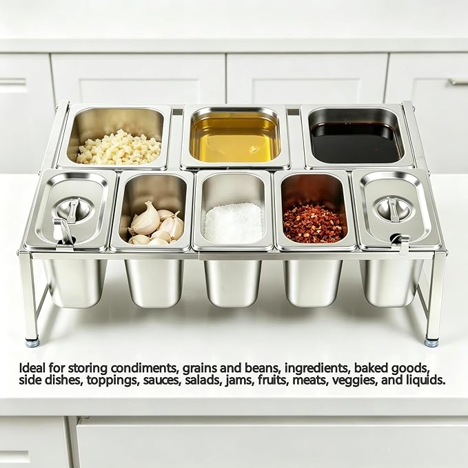 Telescoping Pizza Topping Station Condiment Container Food Prep Holder | Stainless Steel Container Set with 8 Pans & Spoons&Lid, Spice Rack Ingredients Holder Bar Kitchen Pizza Oven Accessories - Image 2