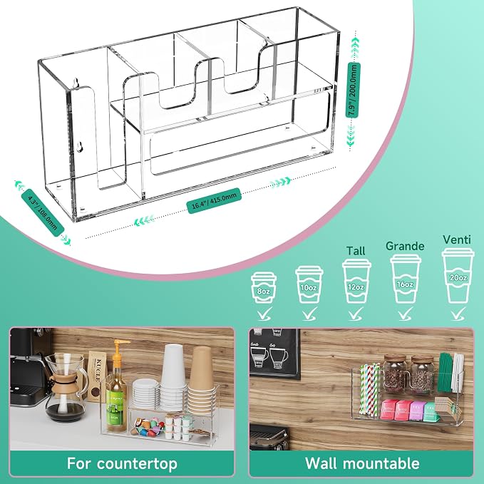 2-Tier Coffee Station Organizer for Countertop, 5 Compartments Clear Acrylic Cup and Lid Holder Tea Condiment Storage Upright Coffee Bar Organizer Pod Dispenser for Office Breakroom Home Kitchen - Image 5