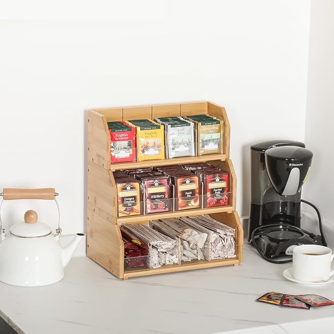 3-Layer Stackable Bamboo Tea Bag Organizer Storage Holder, Natural | Holds 260 tea bags, Removable Compartments, Wood, Acrylic dividers, 12.2 x 7.5 x 13.8 in, for Cabinet, Countertop, Office - Image 4