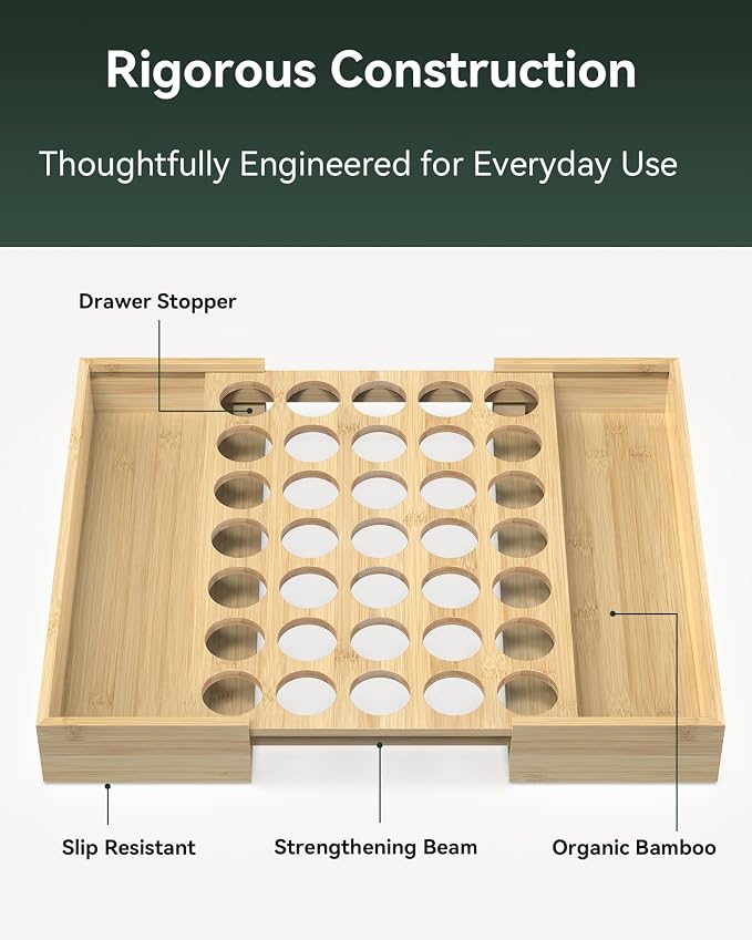 Expandable Bamboo Coffee Pod Drawer Holder 35 Pods | 11.6-19.8" W x 15.36" D x 2.37" H, Compatible with K Cup, keurig Pod Organizer Tea Bag Storage for Countertop Display - Image 4