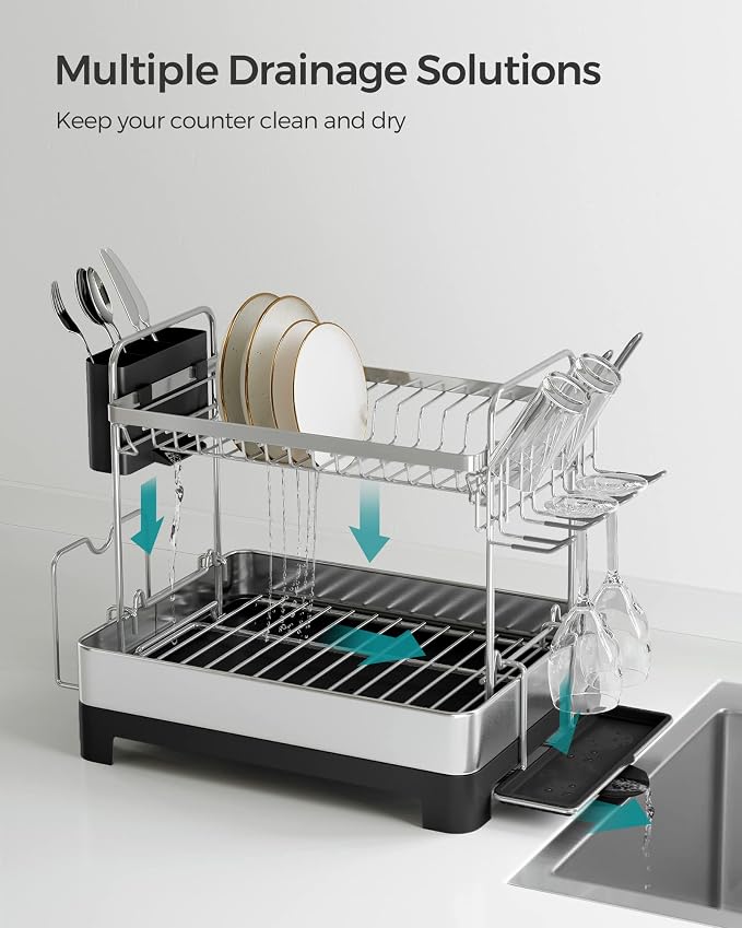 SONGMICS Dish Drying Rack - 2 Tier Dish Rack for Kitchen Counter with Rotatable and Extendable Drain Spout, Dish Drainer with Utensil, Cup, Glass, Cutting Board Holders, Black UKCS032B01 - Image 2