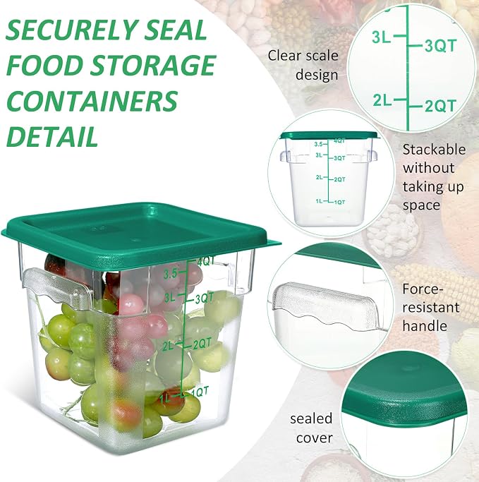 Yungyan 12 Pcs 4 Qt Commercial Food Storage Containers with Lids Restaurant Square Airtight Food Storage Containers Clear Cereal Containers for Kitchen Freezer Dishwasher Pantry(Green Lid) - Image 3