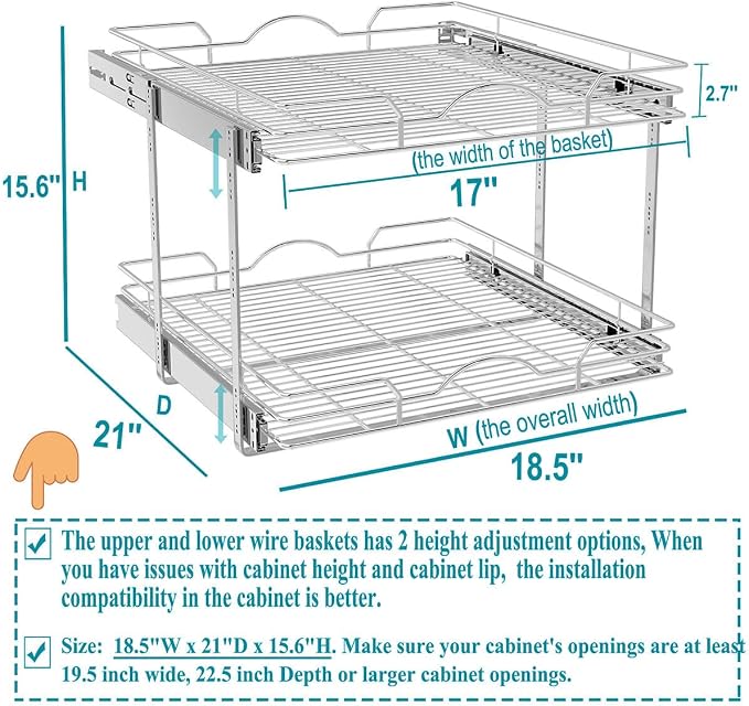 OCG 2 Tier Pull Out Cabinet Organizer (18.5" W x 21" D), Pull Out Drawers for Kitchen Cabinets, Pull Out Shelves for Base Cabinet Organization in Kitchen Bathroom Pantry, Chrome Finish - Image 2