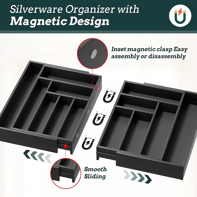 Silverware Organizer Large, Magnetic Connected Expandable 13 Slots Silverware Drawer Organizer From 21 to 37.4 Inches, Adjustable Flatware and Cutlery Holder, Bamboo Utensil Tray for Kitchen Black - Image 3