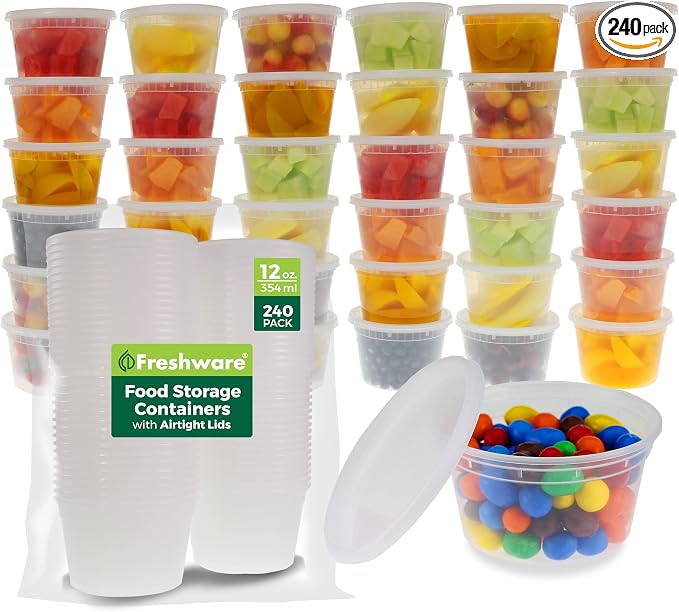 Freshware Food Storage Containers [240 Set] 12 oz Plastic Deli Containers with Lids, Slime, Soup, Meal Prep Containers, BPA Free, Stackable, Leakproof, Microwave, Dishwasher and Freezer Safe by Freshware