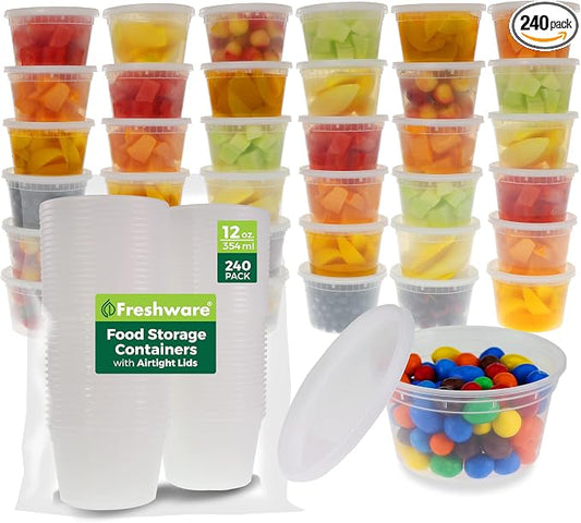 Freshware Food Storage Containers [240 Set] 12 oz Plastic Deli Containers with Lids, Slime, Soup, Meal Prep Containers, BPA Free, Stackable, Leakproof, Microwave, Dishwasher and Freezer Safe by Freshware