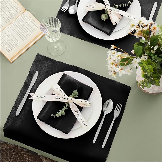 VACVELT 100 Pack Black Scalloped Satin Napkins 17x17 Inch Wedding | Scalloped Floral Edges With Silky Smooth Finish, Seamless Design, Machine Washable Wrinkle And Fade Resistant - Image 3