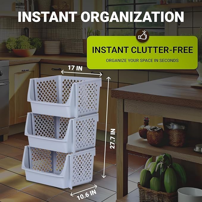 XLarge Stackable Storage Bins Open Front for Pantry, 6 Pack - Light Grey | Sturdy Plastic, Easy Stacking, Open Front Access, Ventilated Sides, Vertical & Space Saving Pantry Organizers and Storage Bin - Image 2