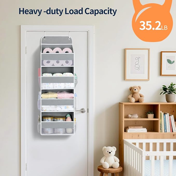 Yecaye Over The Door Organizer, Heavy Duty Hanging Organizers and Storage with 4 Large Capacity Pockets, Swing-Proof Behind The Door Storage for Bathroom Nursery Bedroom Dorm Closet, Grey,1Pc - Image 6