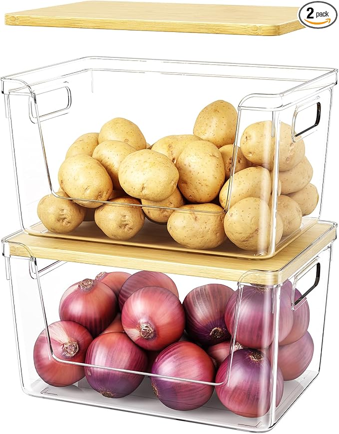 2 Set Pantry Organizer and Stackable Storage Kitchen,Sturdy and Durable Storage Basket for Potato, Onion, Garlic, Fruit, Vegetable, Produce, Clear Plastic Storage with Lid&Handle by Unknown