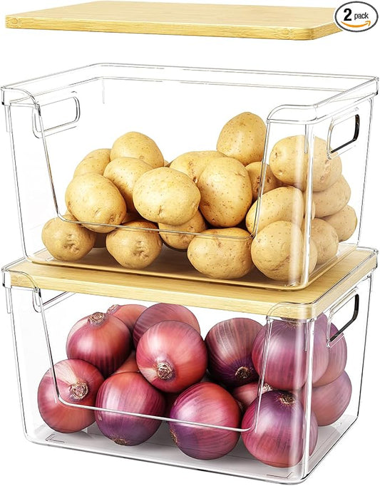 2 Set Pantry Organizer and Stackable Storage Kitchen,Sturdy and Durable Storage Basket for Potato, Onion, Garlic, Fruit, Vegetable, Produce, Clear Plastic Storage with Lid&Handle by Unknown