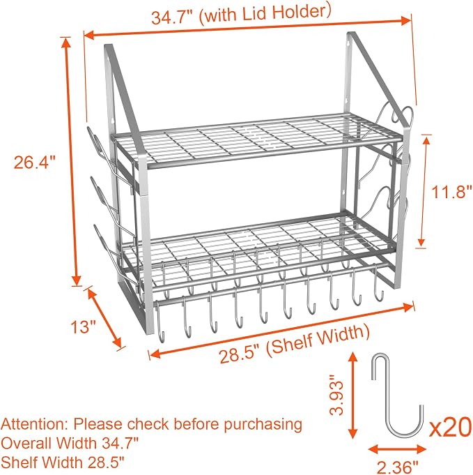 VyGrow 28 Inch Pot Rack Wall Mounted, 2 Tier Pots and Pans Organizer with 20 Hooks and 6 Pot Lid Holders, Heavy Duty Steel Pot and Pan Hanger for Kitchen Cookware Utensils Storage, Silver - Image 2