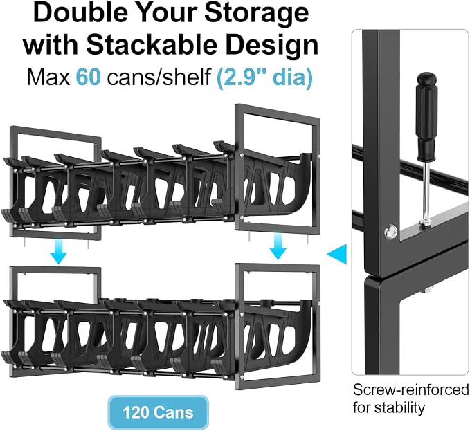 Pantry Can Organizer - Auto-Rolling, Expandable, Holds 120 Cans | Stackable For Walk-in Deep Pantry Shelf, Adjustable Width for Food Cans, Sturdy Metal Frame, Easy Access & Restocking, Black - Image 8