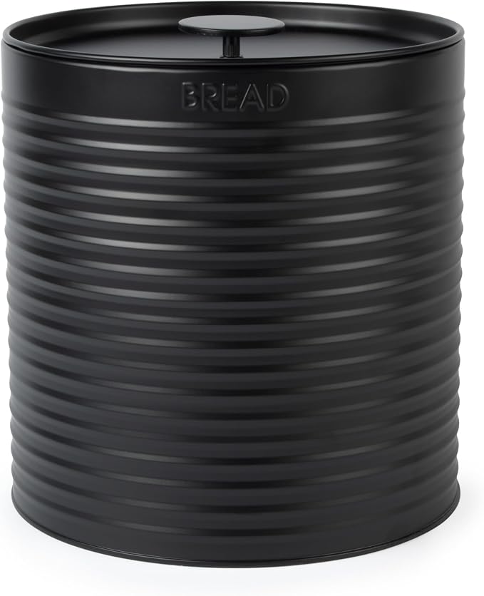 Russell Hobbs Ribbed Round Bread Bin – Metal Bread Box, Large Kitchen Canister, Countertop Storage/Organisation, Durable Powder-Coated Steel, Pull Top Lid, Easy to Clean, Ribbed Design, Black by Russell+Hobbs