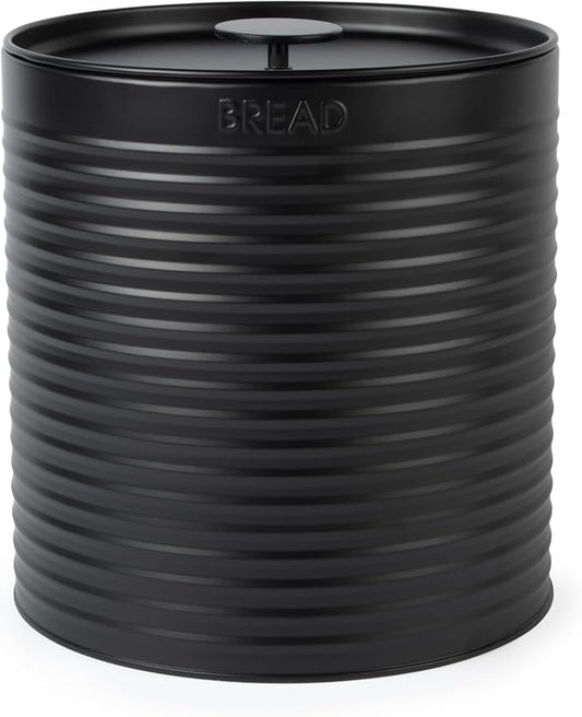 Russell Hobbs Ribbed Round Bread Bin – Metal Bread Box, Large Kitchen Canister, Countertop Storage/Organisation, Durable Powder-Coated Steel, Pull Top Lid, Easy to Clean, Ribbed Design, Black by Russell+Hobbs