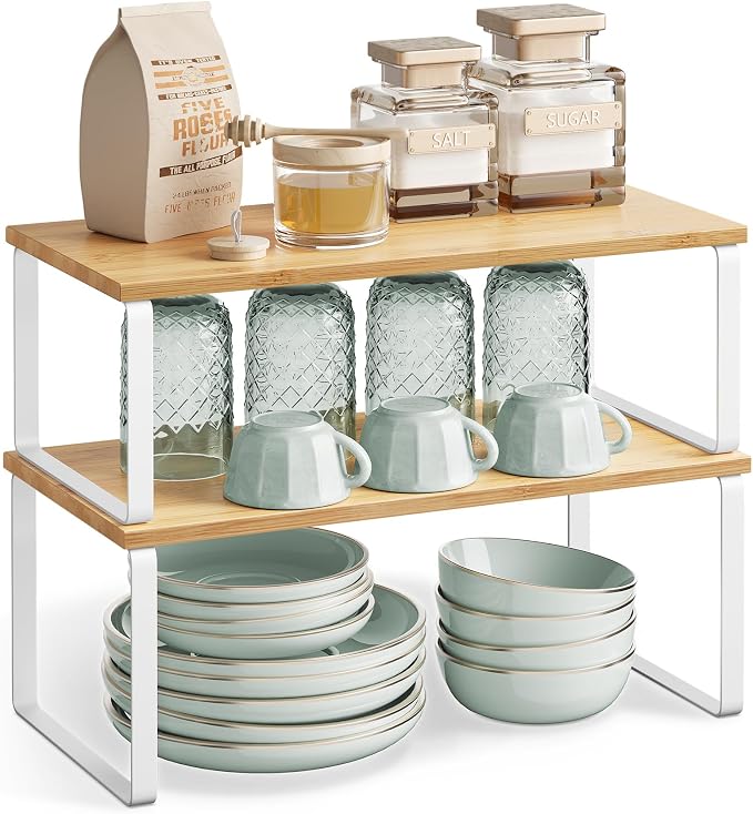 SONGMICS Cabinet Organizer Shelf, Set of 4 Kitchen Counter Shelves, Kitchen Storage, Spice Rack, Stackable, Expandable, Metal and Engineered Wood, Cloud White and Natural Beige UKCS210W01 - Image 8