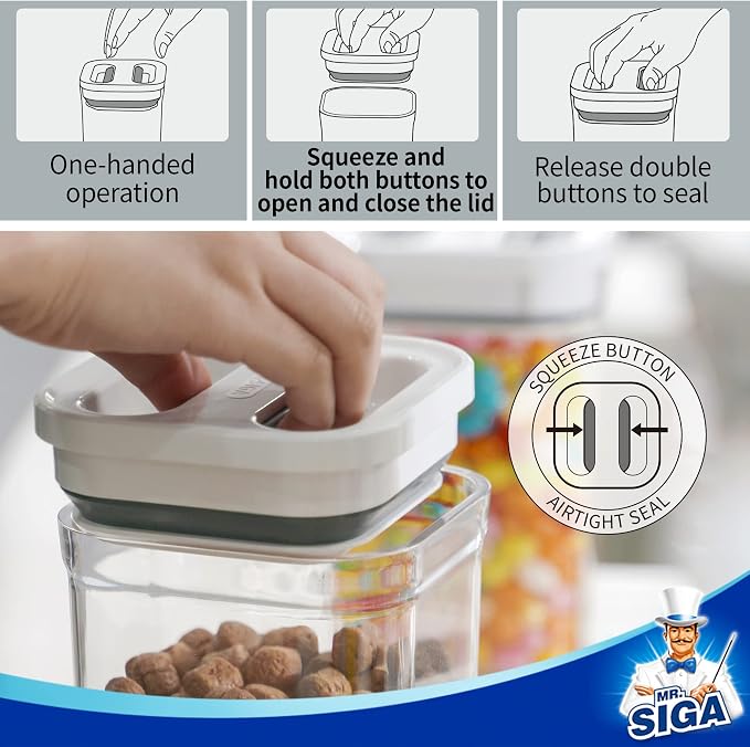 MR.SIGA 8 Piece Airtight Food Storage Container Set for Pantry Organization | BPA Free, stackable, one-handed kitchen storage containers for cereals, spaghetti, pasta, white - Image 3