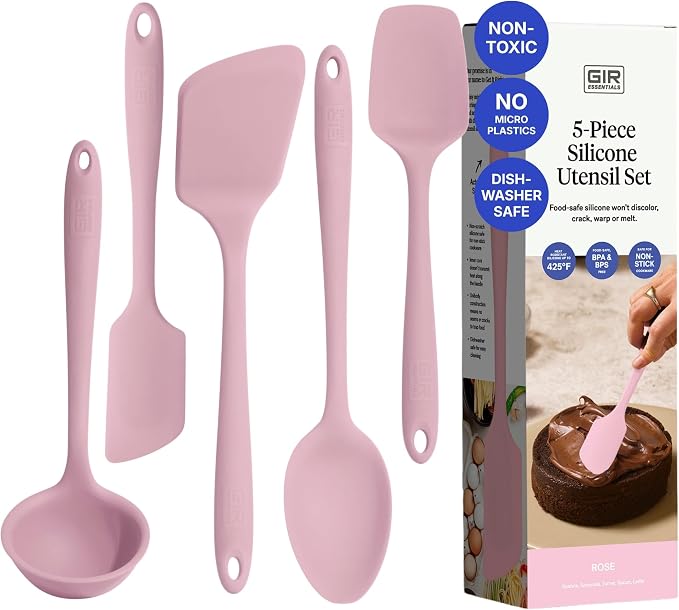 GIR 5-Piece Silicone Kitchen Utensils Set, Non-Toxic Cooking Utensils for Cooking and Baking, Heat Resistant, Food Grade, Dishwasher Safe Rubber Spatula, Ladle, Spoon - Rose by GIRGetItRight