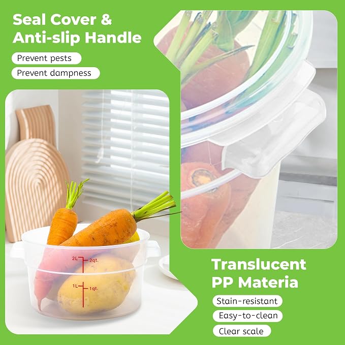 BIEAMA 4 Pack 2 Qt Round Food Storage Containers with Lids, Translucent PP | Include lids, labels, measuring cups and containers with capacity markings for food prep, pantry storage and dough proofing. - Image 4