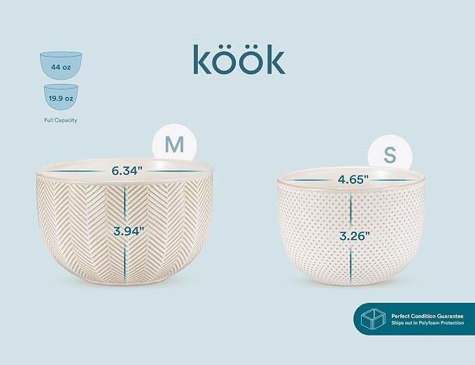 KooK Ceramic Mixing Bowls, Nesting Set of 4, Embossed Kitchen Dishware, Prep, Serving, Gift, Microwave and Dishwasher Safe, 20/44/98/145 oz, Narbonne Collection (Ivory) - Image 8