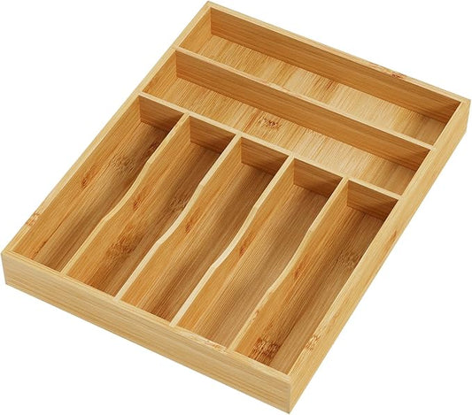 BAMEOS Bamboo Flatware Organizer 16.5×12.8 –Silverware Tray for Small Kitchen Drawers, 2" H Cutlery Holder | Forks, Spoons, Knives by BAMEOS
