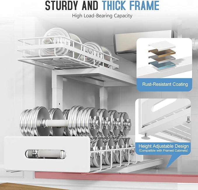 Under Sink Organizer Upgrade To Professional Rails,2-Tier Dual Pull Out Cabinet Storage,Height Adjustable Slide Out Drawers For Bathroom Kitchen,2 Pack-16.7"Dx12.8"-16.9"H,White - Image 4