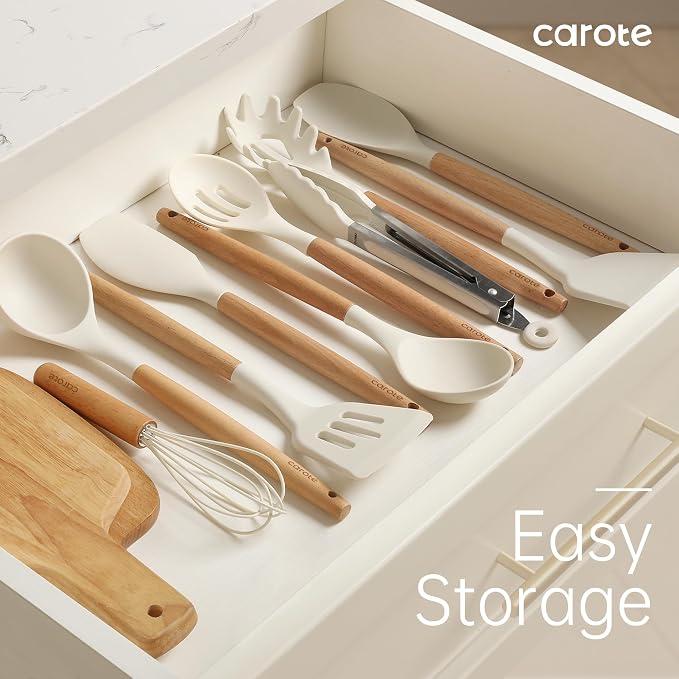 CAROTE 10-Piece Kitchen Utensils Set with Wood Cool-Touch Handles, Cream | Silicone Cooking Utensil, Food Grade, Nonstick Cookware Friendly, BPA-Free, Heat-Resistant, Everyday Home Essentials, Gifts - Image 8