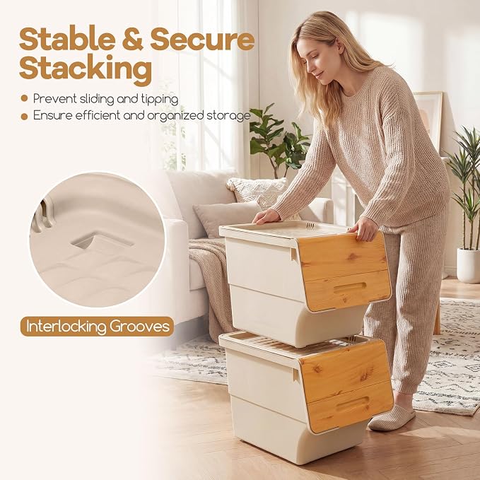 GIANTEX 3 Pack Plastic Stackable Storage Bins with Lids & Wheels, 35 QT | Open Front Stacking Bins, Organizer Bins for Pantry, Kitchen, Laundry, Closet, Playroom, Bedroom Organization - Image 5