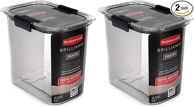 Rubbermaid Brilliance 12-Cup Airtight Food Storage Container,Perfect for Pantry Staples,Clear/Grey,(Pack of 2) by Rubbermaid