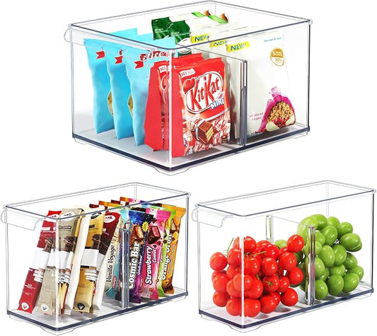Clear Plastic Storage Bins with Dividers for Fridge Pantry Organizers and Storage Containers, 3 Pack Acrylic Stackable Sturdy Storage Boxes for Home Edit and Cabinet Organizers C6-1 by HOMETUK