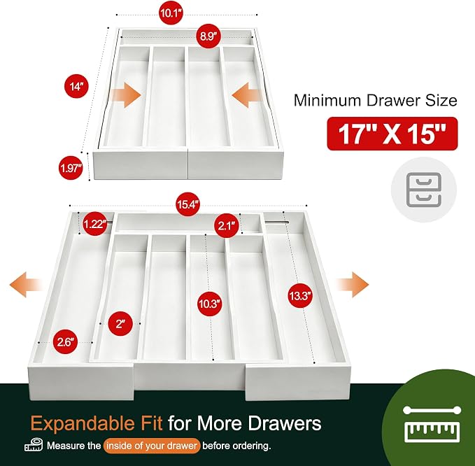 Expandable Bamboo Kitchen Drawer Organizer for Cutlery and Utensils, Adjustable Bamboo Wood Cutlery Tray in Drawer for Flatware and Silverware in Kitchen, (White) - Image 2