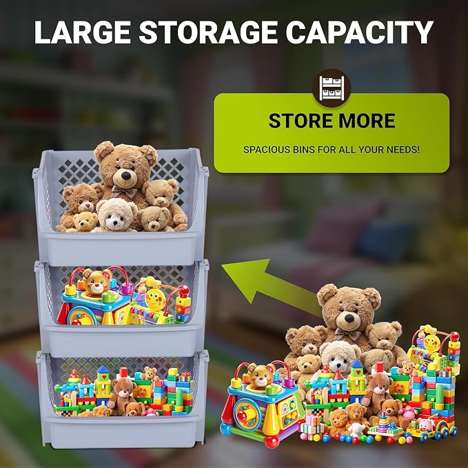 XLarge Stackable Storage Bins Open Front for Pantry, 6 Pack - Light Grey | Sturdy Plastic, Easy Stacking, Open Front Access, Ventilated Sides, Vertical & Space Saving Pantry Organizers and Storage Bin - Image 4
