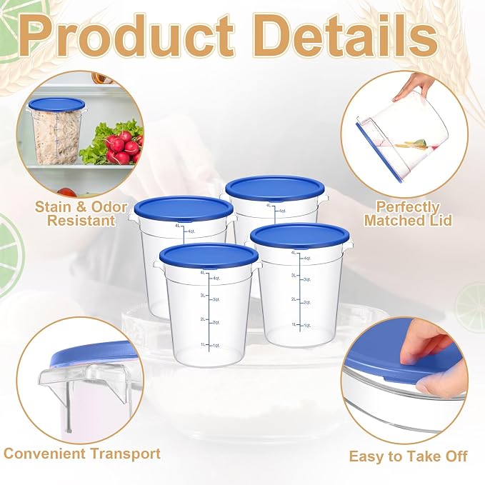4 Pcs 4 Qt Food Storage Container Bucket with Lids Clear Proofing Containers for Dough Rise Bread with Scale Handle Round Flour Commercial Storage Bucket for Home Restaurant Food - Image 3