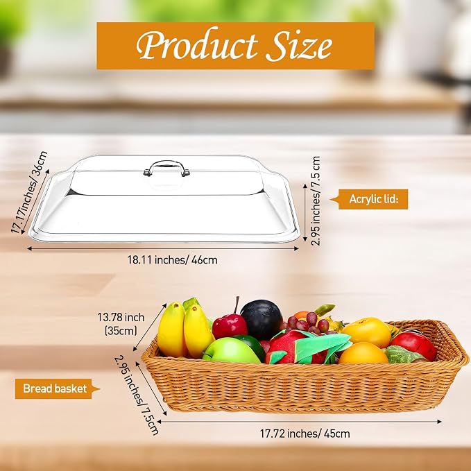 Mumufy 2 Pack Wicker Large Bread Basket with Acrylic Lid Housewarming Gift Woven Rectangular Imitation Rattan Fruit Basket with Cover for Serving Food Display Tabletop Home Kitchen(17.72x13.78'') - Image 3
