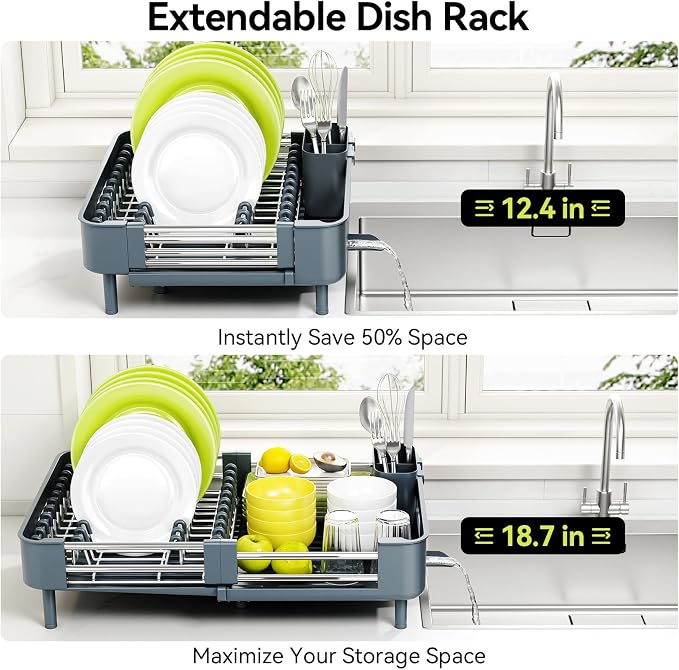 Urackify Extendable Stainless Dish Drying Rack for Kitchen Counter | 13.78"W x 18.7"L, Foldable Drainboard for Space Saving, Knife and Utensil Holder, Fast-draining Spout, Dark Slate Teal - Image 4
