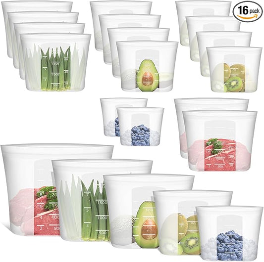100% Silicone Reusable Storage Bag, 16 Pack Stand-Up Wide-Mouth Zip-Lock Food Storage Bags, Easy-Fill Easy-Open Easy-Clean Space-Saving, Microwave & Dishwasher Safe, 2 XL/4 L/4 M/4 S/2 XS, Translucent by Annaklin