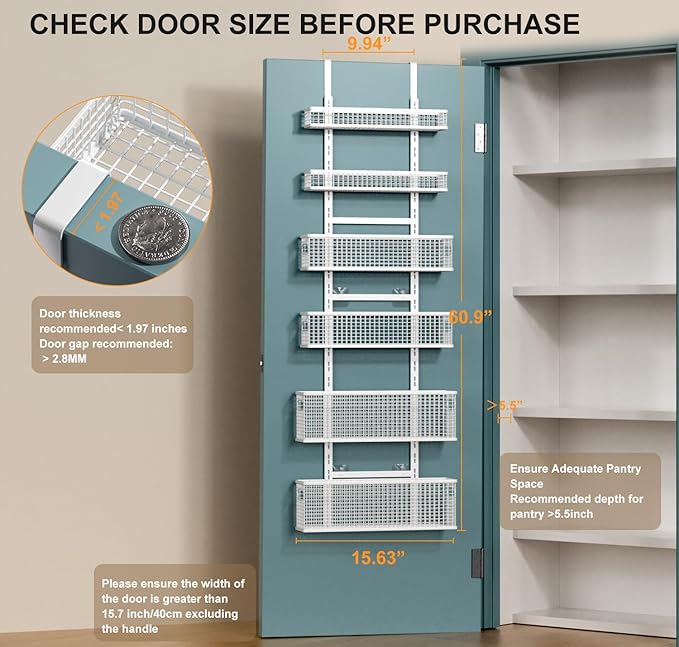 6-Tier Over The Door Pantry Organizer,Hanging Spice Rack,Grid Basket,White | Height Adjustable,Easy Grip Handle,Large Capacity,For Pantry Door,Laundry Room,Bathroom,Kitchen,D5.3xW15.7xH60.9in - Image 2