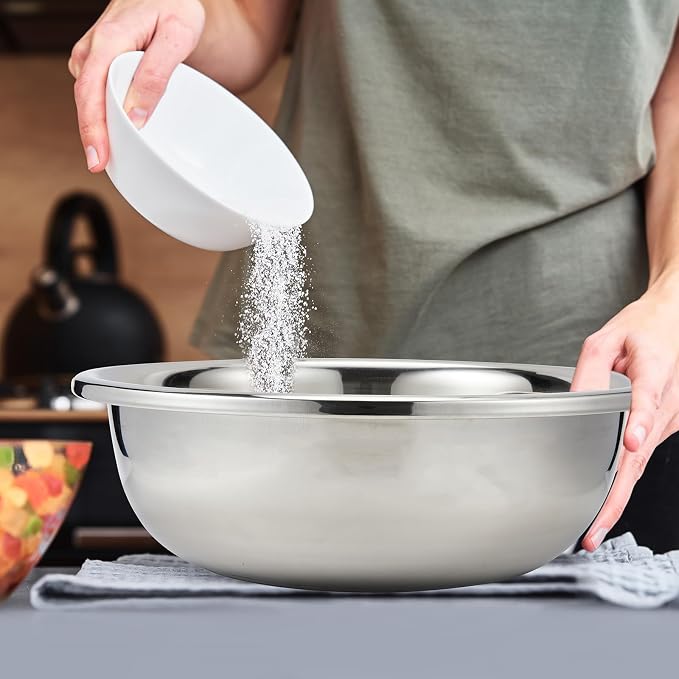 FillTouch 2 Pack Large Mixing Bowl 20 Qt Oversized All Purpose 304 Stainless Steel Polished Mirror Flat Base Metal Bowl for Home or Commercial Prepping Baking Mixing Marinating - Image 4