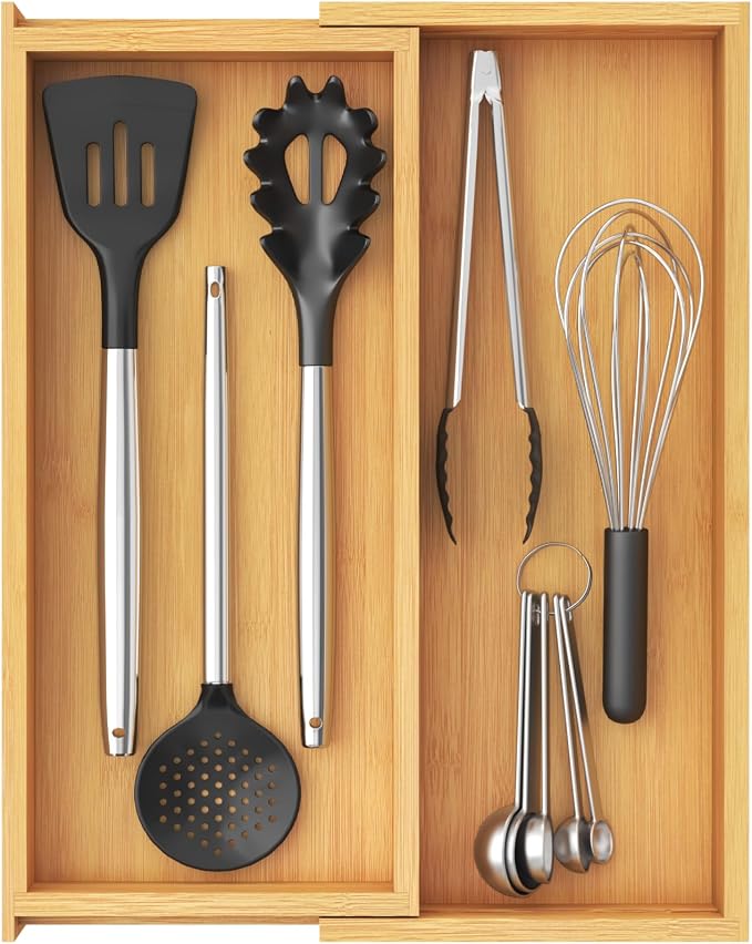 Lifewit Utensil Organizer for Kitchen Drawer, Expandable Cooking Utensil Tray, Cutlery Silverware Flatware Holder, Wood Adjustable Spatula Tools Storage Divider, 7-12 x 15.75", Natural by Lifewit
