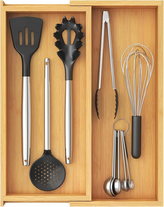 Lifewit Utensil Organizer for Kitchen Drawer, Expandable Cooking Utensil Tray, Cutlery Silverware Flatware Holder, Wood Adjustable Spatula Tools Storage Divider, 7-12 x 15.75", Natural by Lifewit