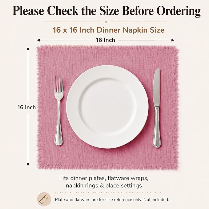 50 Pack Dusty Rose Cloth Napkins, 16 x 16 Inch Cotton with Fringe Settings | Handmade washable reusable cotton dinner napkins in bulk for weddings, parties, rustic boho table settings - Image 2