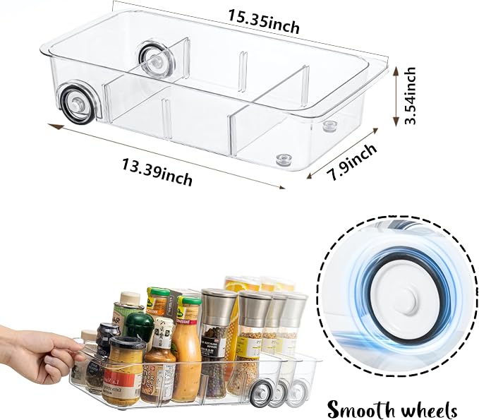 Fridge Organizer and Storage Drawer Roll Out Refrigerator Bins,2 Pack | Silicone Wheels,3 Pack Adjustable Dividers ,Easy to Clean for Pantry Storage Bins, Kitchen Organization - Image 2