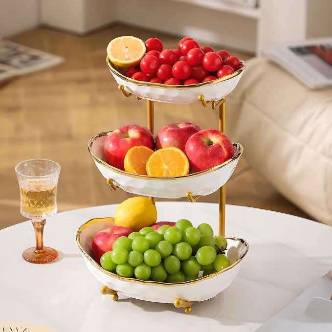 XUDREZ 3 Tier Fruit Bowl with Metal Stand for Kitchen Counter, Ceramic White Gold Silver, Tiered Fruit Basket for Nuts, Snacks, Bread, Candy Storage (White A) - Image 3